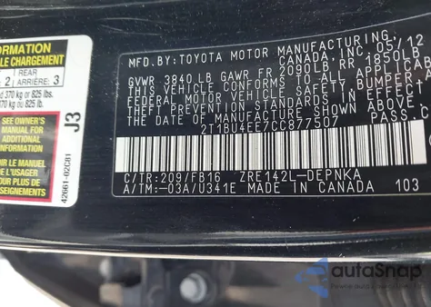 2012 Toyota Corolla Le z USA, uszkodzony, nr VIN 2T1BU4EE7CC877507
